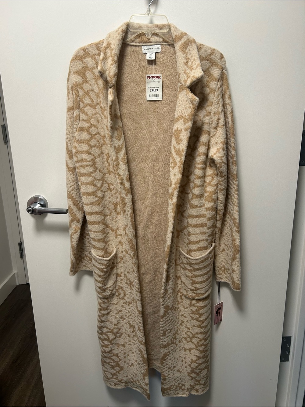Sincerely Jules - Cozy Open-Front Beige Patterned Women’s Sweater Cardigan